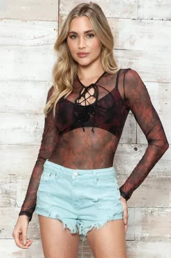Celebrity Fashion Burgundy Floral Mesh Lace-Up Body Suit