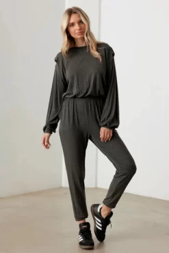 Cherish Long Sleeve Shoulder Pad Elastic Waist Jumpsuit