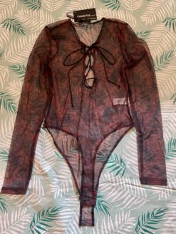 Celebrity Fashion Burgundy Floral Mesh Lace-Up Body Suit