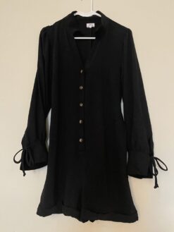 Textured Button-Up Collared Long Sleeve Romper