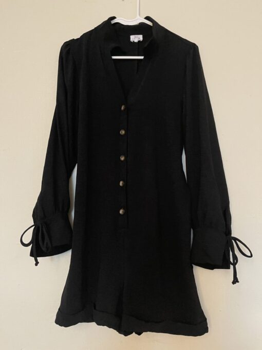 Textured Button-Up Collared Long Sleeve Romper