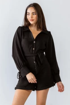 Textured Button-Up Collared Long Sleeve Romper
