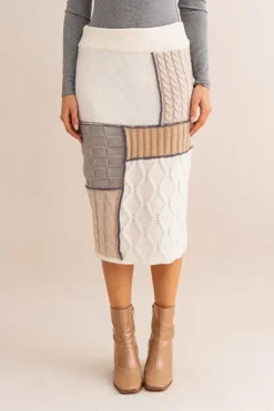 Neutral Colorblock Ribbed Waistband Cable Knit Patchwork Midi Pencil Skirt